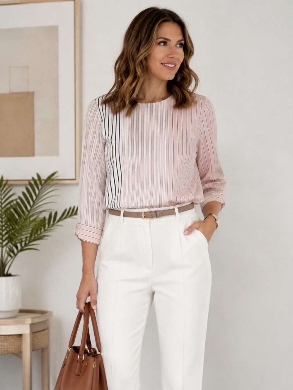 Liz Claiborne Studio Striped Tunic Blouse Pink White Grey 3/4 Sleeve Size S